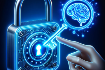 Illustration of a futuristic digital lock glowing with neon blue lights. A holographic hand is inserting a luminous key with an AI-brain motif into the lock, representing the concept of unlocking the power of AI.